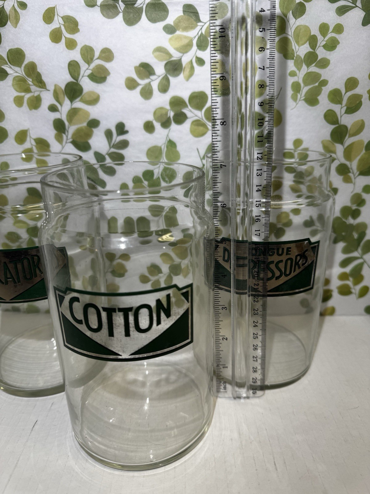 Vintage Set Of 3 Apothecary Jars Cotton Applicators Tounge Depressors Glass