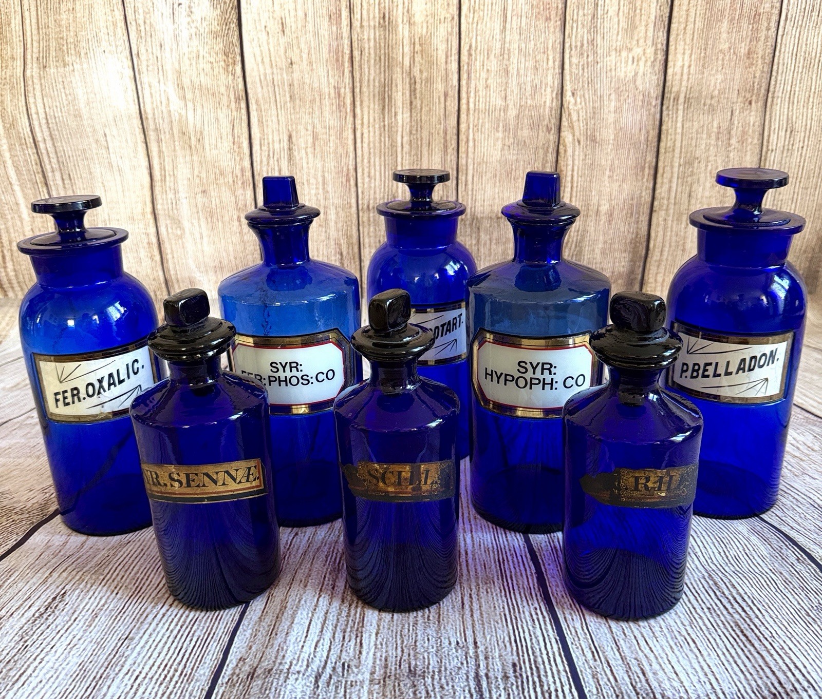 3 x ANTIQUE 1890’s APOTHECARY COBALT BLUE JARS CHEMIST WT & Co USA BOTTLES 26cms