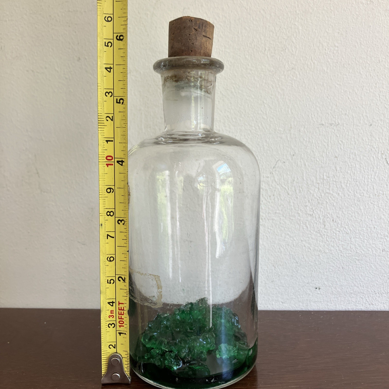Antique Clear Glass Apothecary Bottle C1870, Green Stuff Inside! Cork Stopper