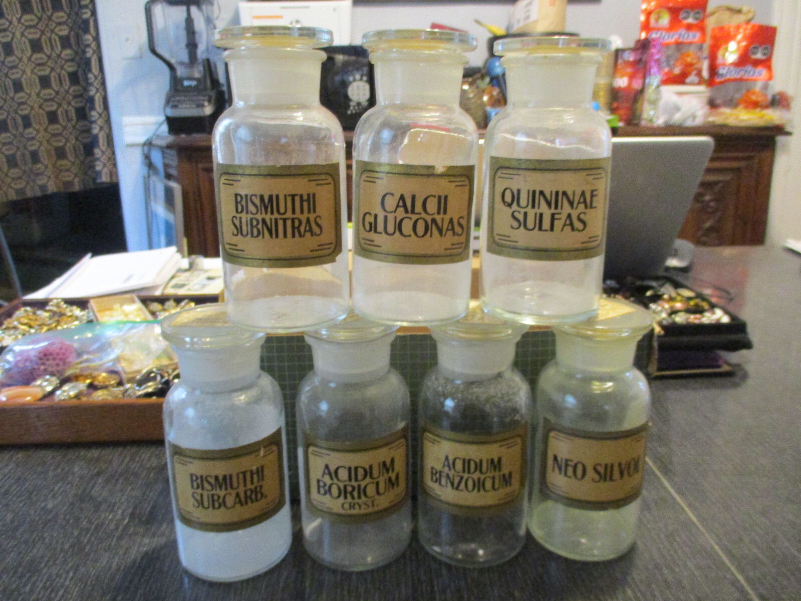 7 Antique Apothecary Jar Drug Store Medicine Chemistry Stopper Bottles Label TCW
