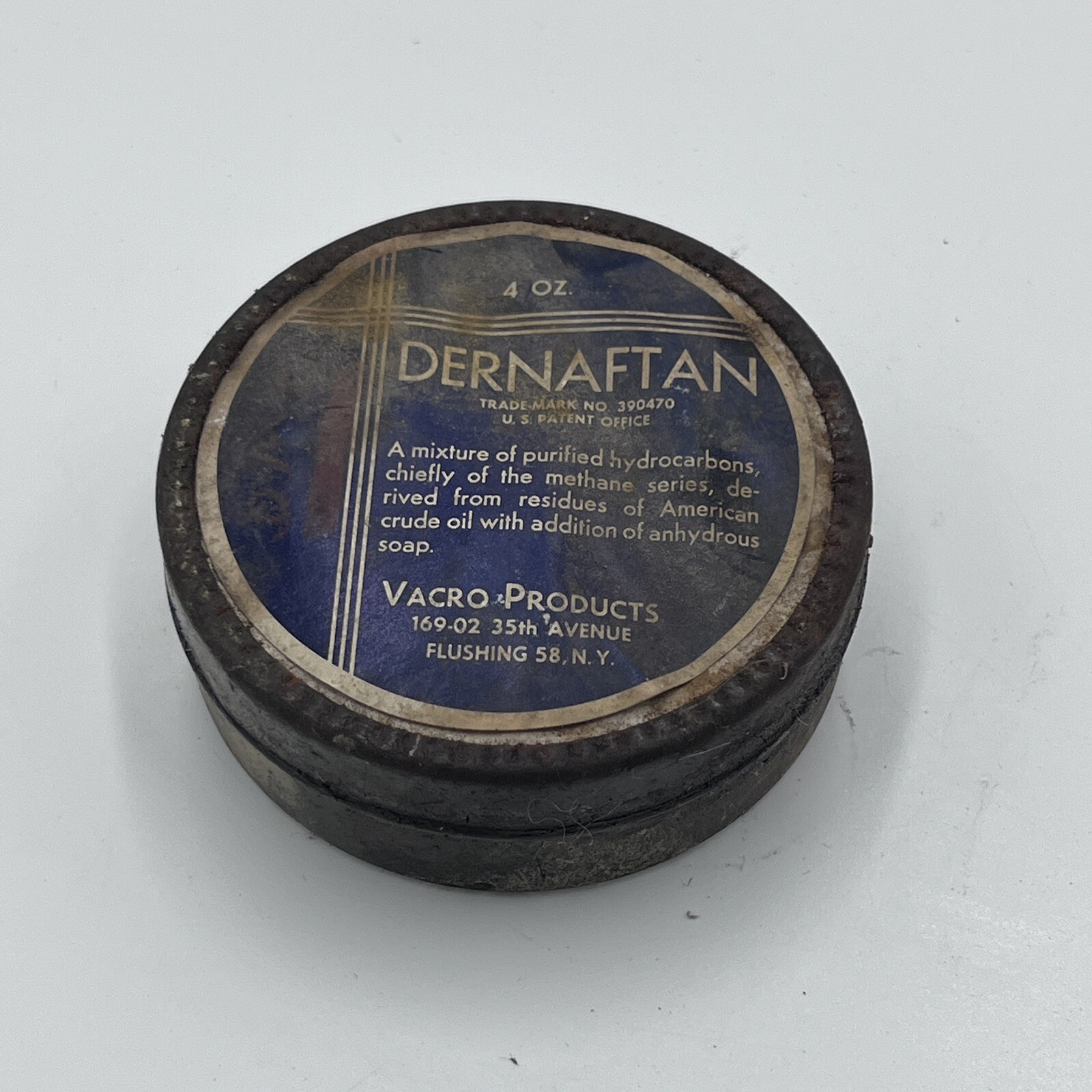 Vintage 1950’s Medicinal Jar DERNAFTAN VACRO 4oz w/contents for DISPLAY ONLY