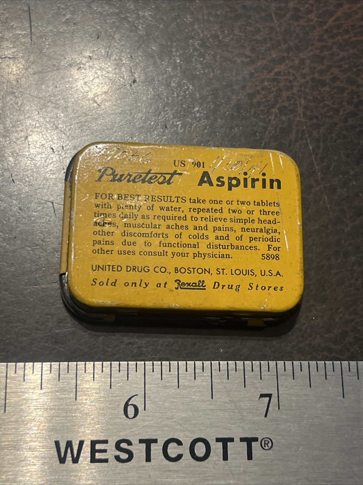 Vintage Early Medical Medicine Tin Puretest Aspirin Rexall Drug Stores