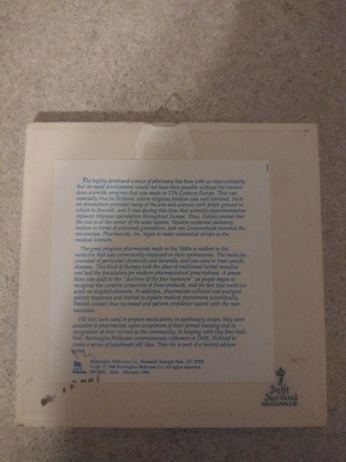 BURROUGHS WELLCOME Pharmacy English Pill Tile Handmade DELFT Holland 1988