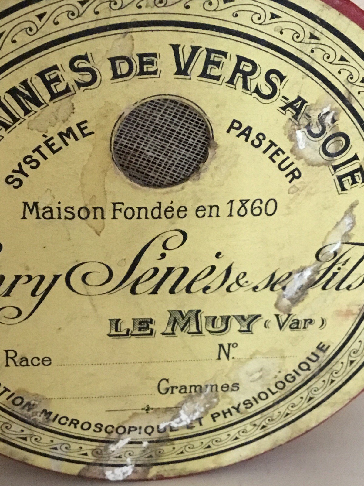 Vintage FRENCH Pharmacie Round Cardboard Container Red Silk Thirsty Worm Seeds!!