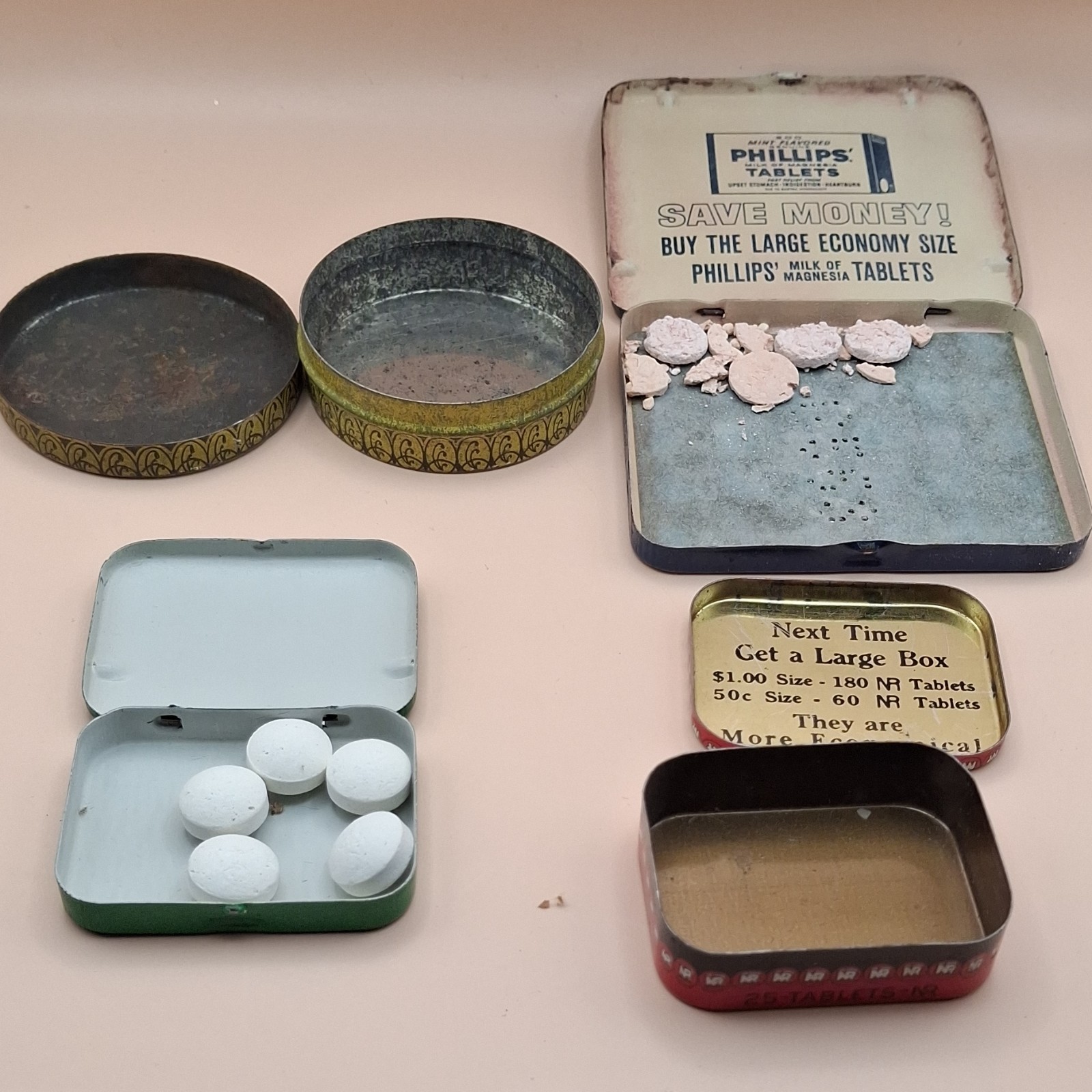 Pill tins lot 4 PHILLIPS Rheumatism gout SYNTROGEL w/pills antique vintage