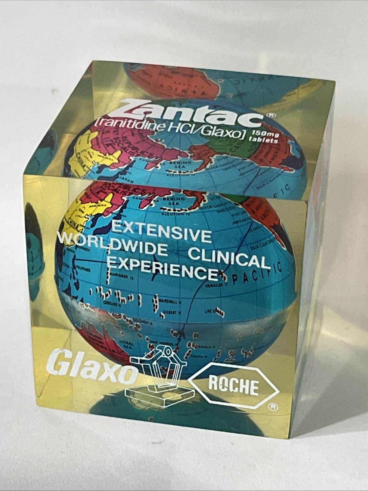 Vintage Zantac Glaxo Roche Pharmaceutical Acrylic Globe Paperweight 2” Square