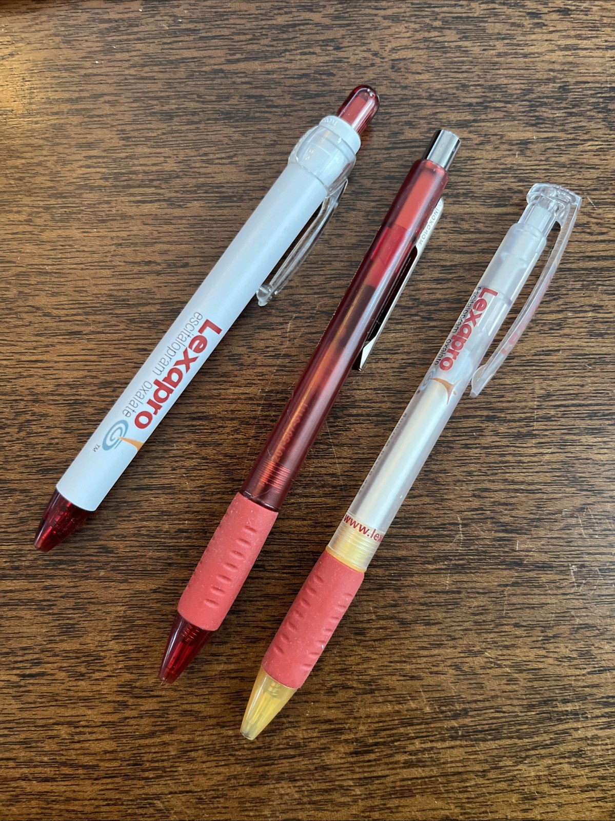 Lot of 3 Lexapro Medical Drug Rep Pharmaceutical Pens Red Grip White Gold Forest