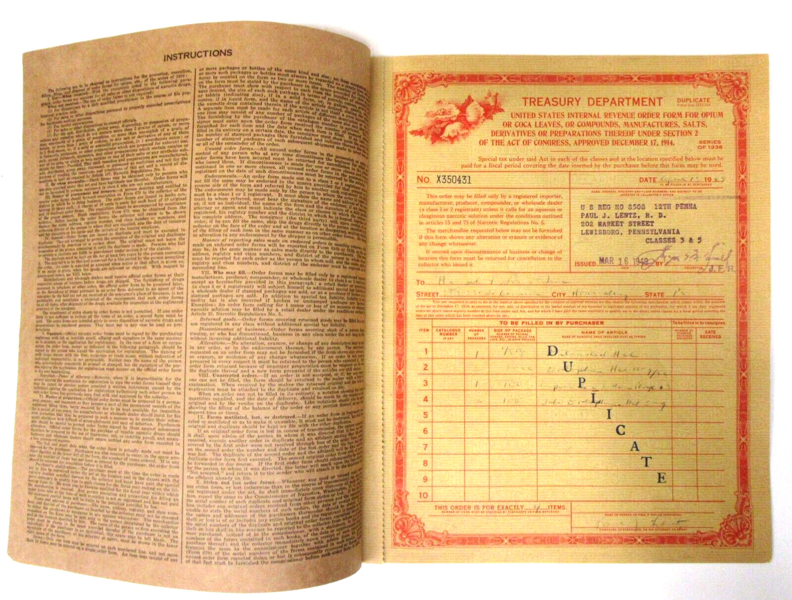 Series 1936 U.S. Internal Revenue OPIUM ORDER FORMS book from 1949 wb