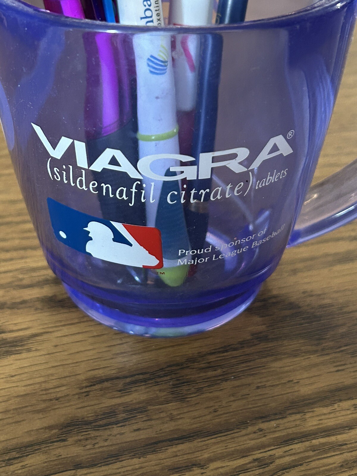 Mixed Lot Pharma Pens, Pointer, Viagra MLB Blue Tinted Plastic Coffee Mug