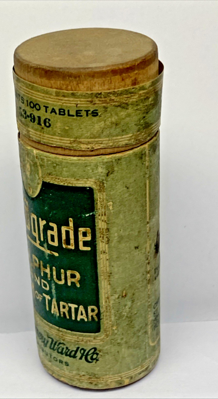 VINTAGE WARDGRADE SULPHER & CREAM OF TARTAR WOOD CONTAINER MONTGOMERY WARD
