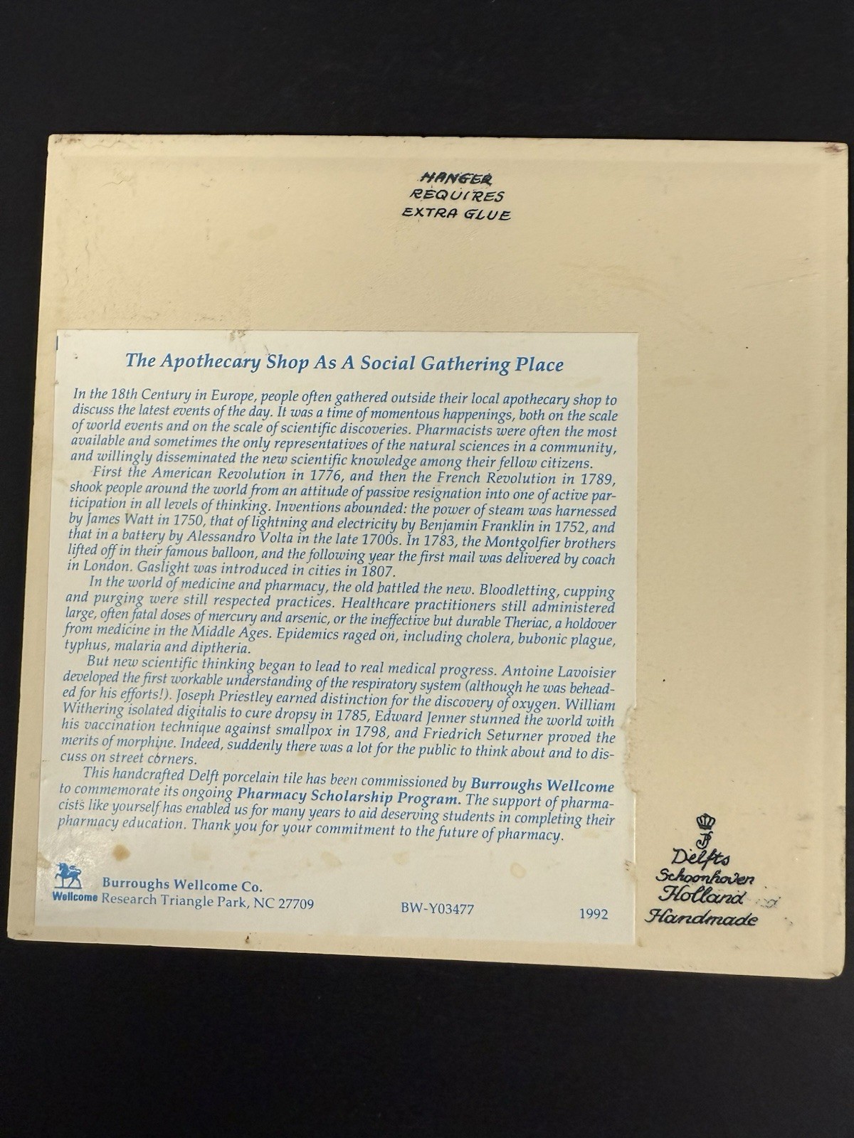 Delft Vintage Blue & White Burroughs Wellcome Co Pharmacy Scholarship Tile 1992