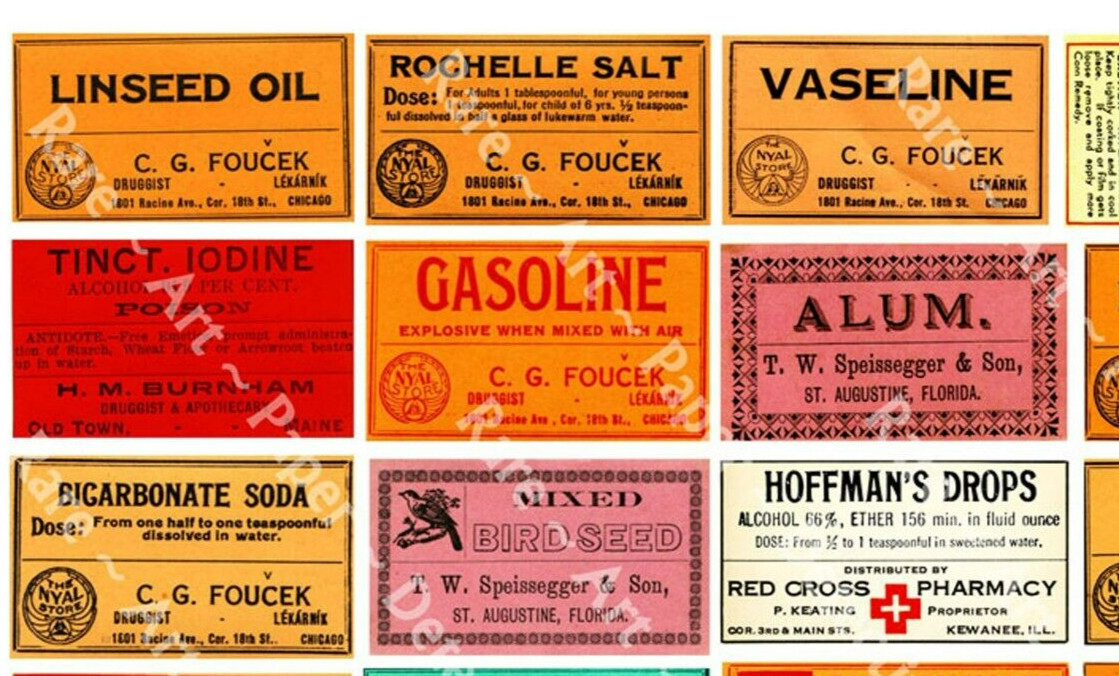 25 Apothecary Poison Stickers on 1 DIY Sheet, Medicine Cabinet Labels, 277