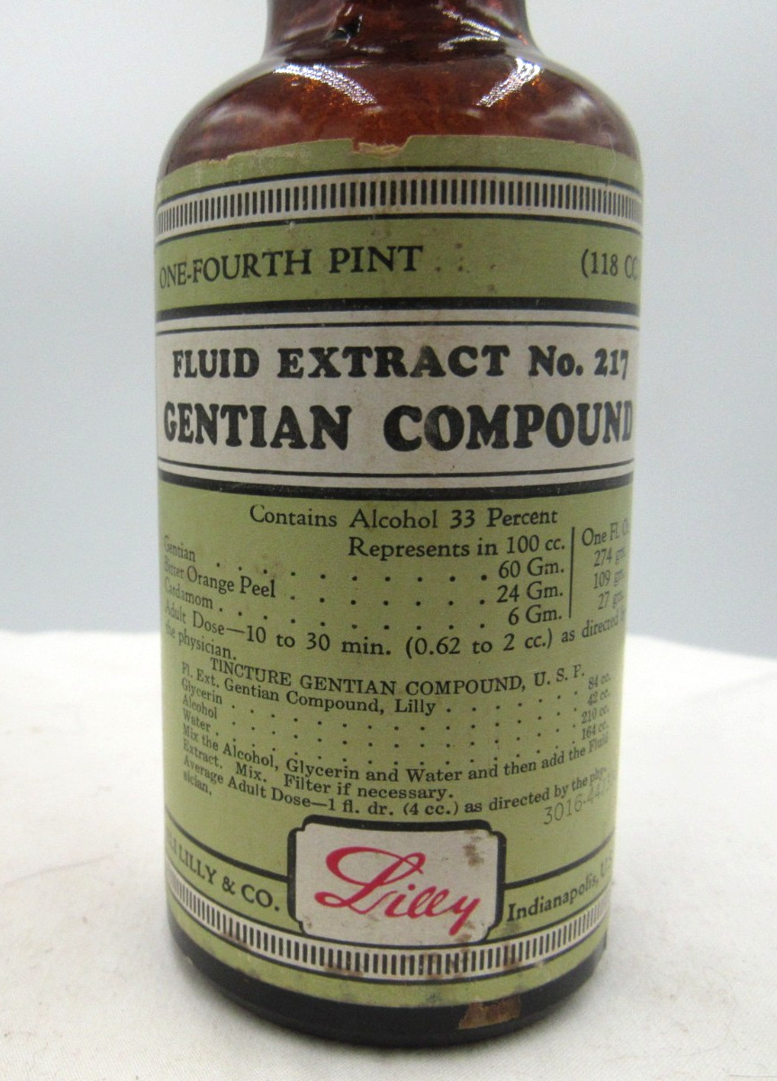 BW – 1950’s Eli Lilly Gentian Compound Indianapolis 5 1/4 Amber Medicine bottle