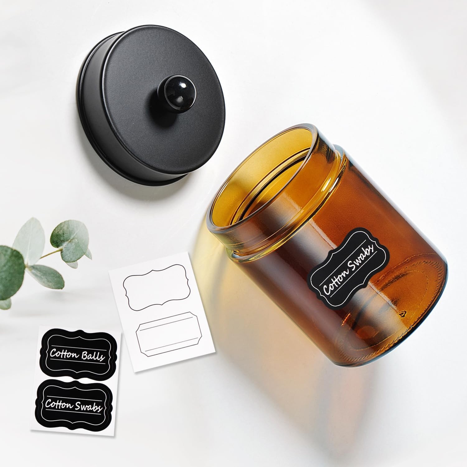 Amolliar Amber Glass Qtip Holder, Apothecary Jars with Matte Black Metal Lid …