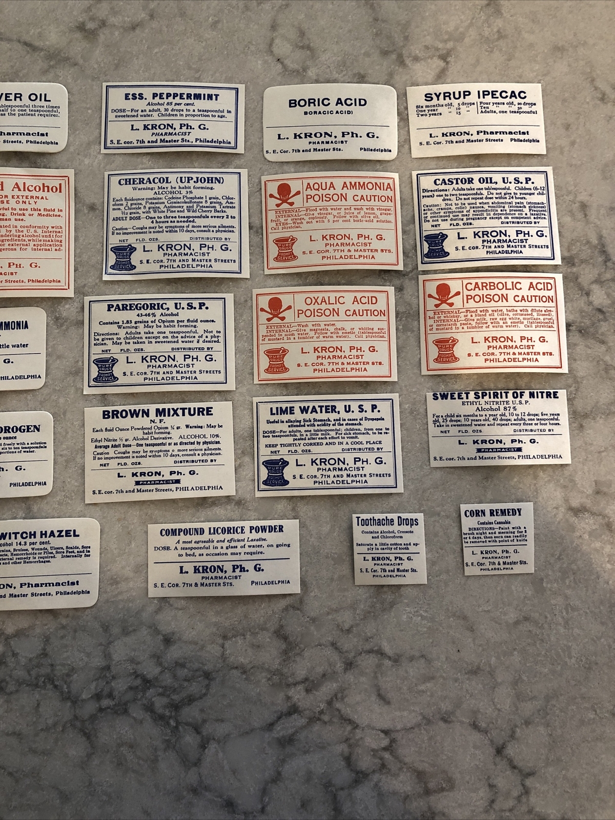 Lot 24 Antique Medicine Bottle Labels Opium, Poison – L. Kron Ph. G. Phila.