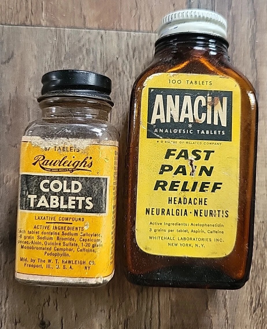 Vtg 1950s 1960s ANACIN Whitehall glass bottle Rawleighs Cold Tablets Lot Of 2
