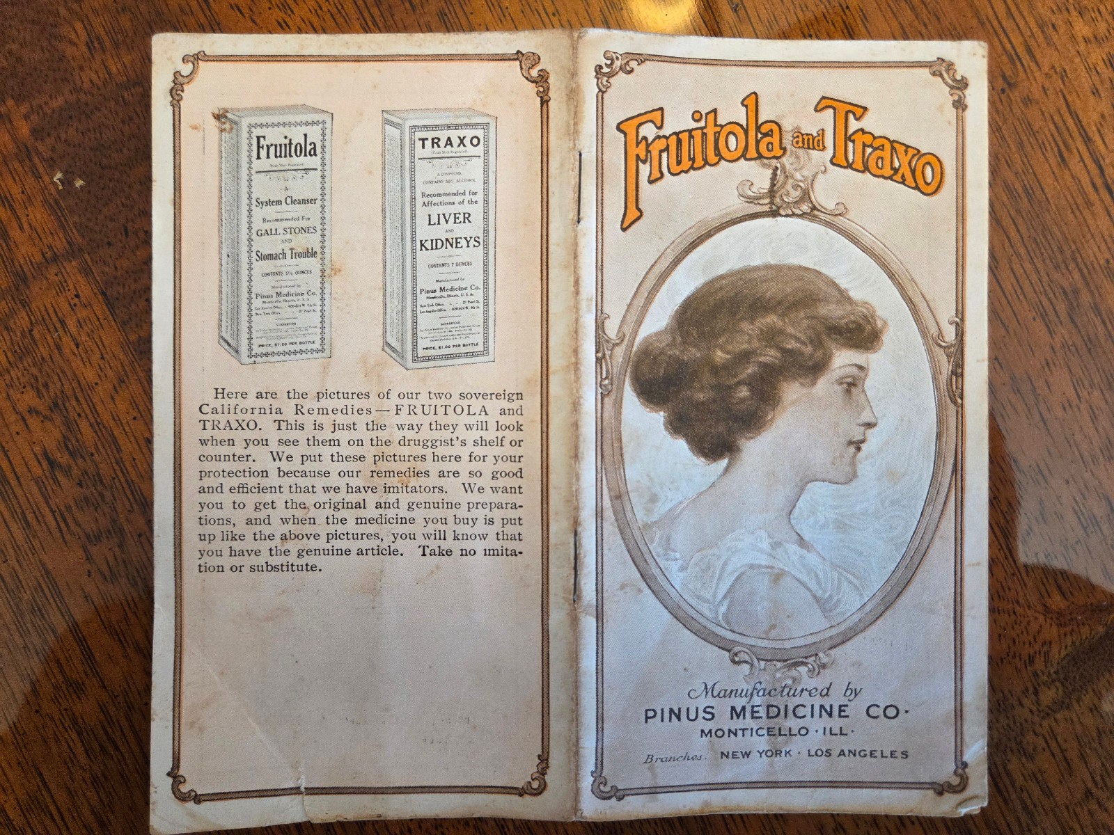 Vtg PINUS MEDECINE CO c 1911 Advertising Brochure FRUITOLA TRAXO Pharmacy Bottle