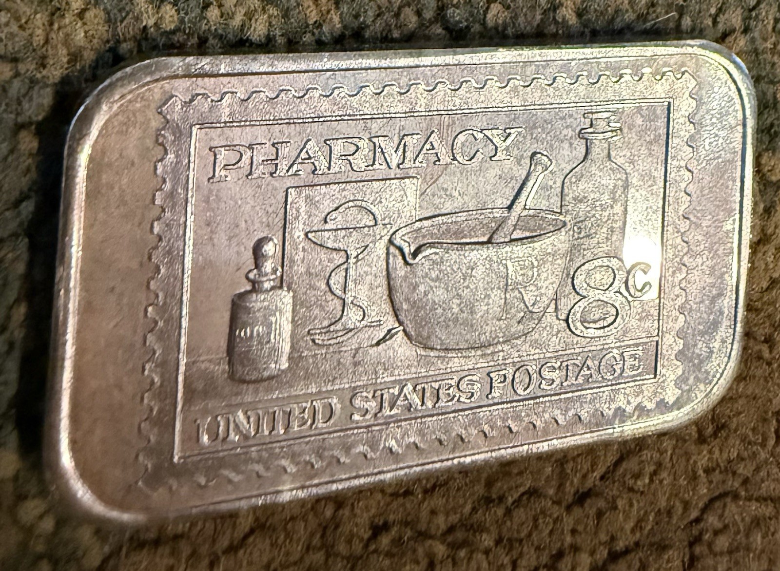 Silver Vintage 1oz .999 Fine Silver Bar – 1972 USPS 8¢ Pharmacy Stamp Tribute