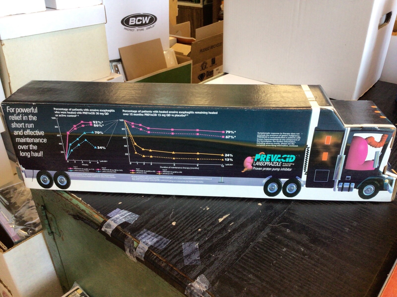 PREVACID ADVERTISING TOY TRACTOR TRAILER W TRUCK SHAPED BOX PHARMACEUTICAL