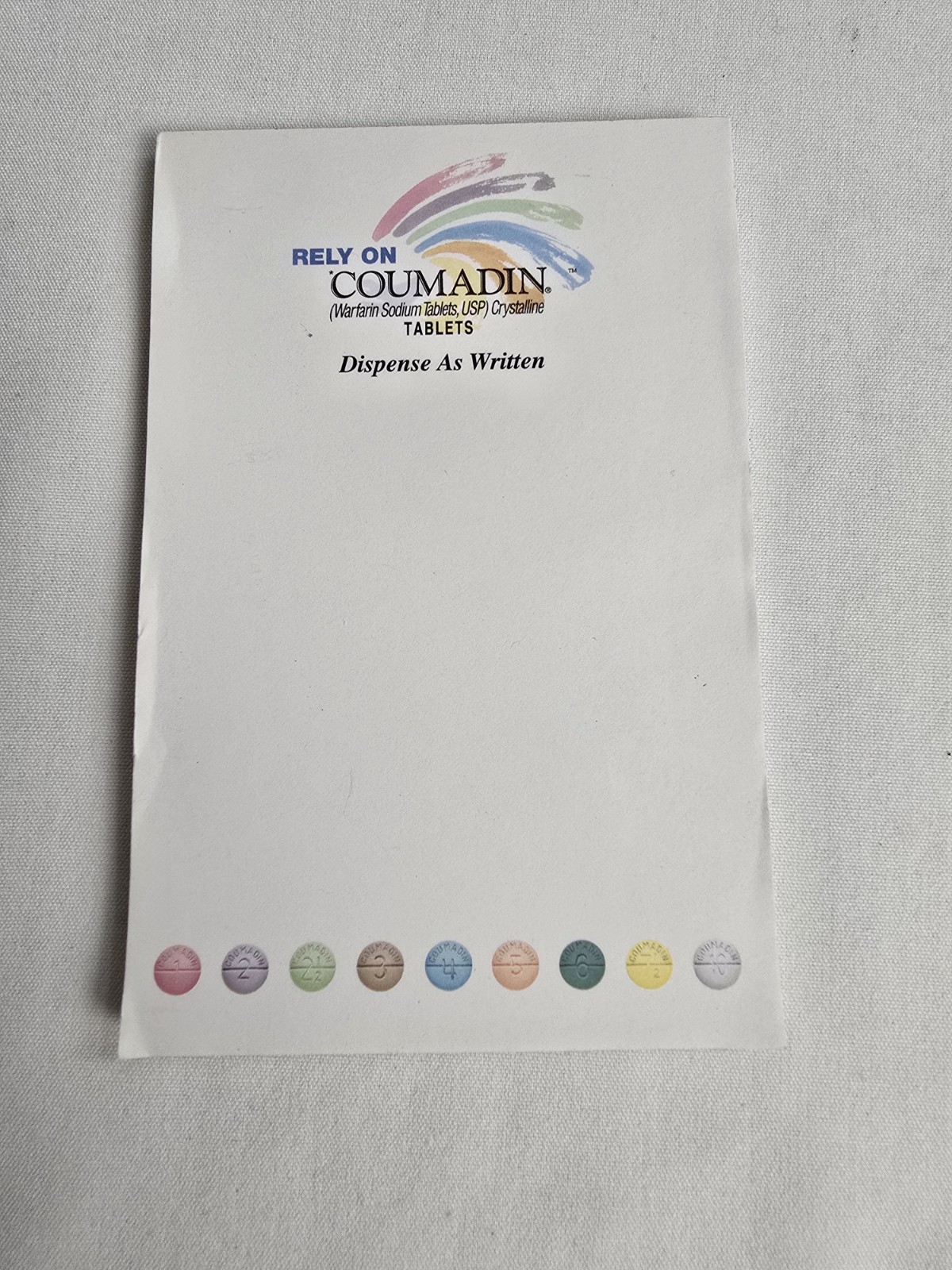 Drug Rep Promo Coumadin Pharmaceutical Advertising Notepad Paper