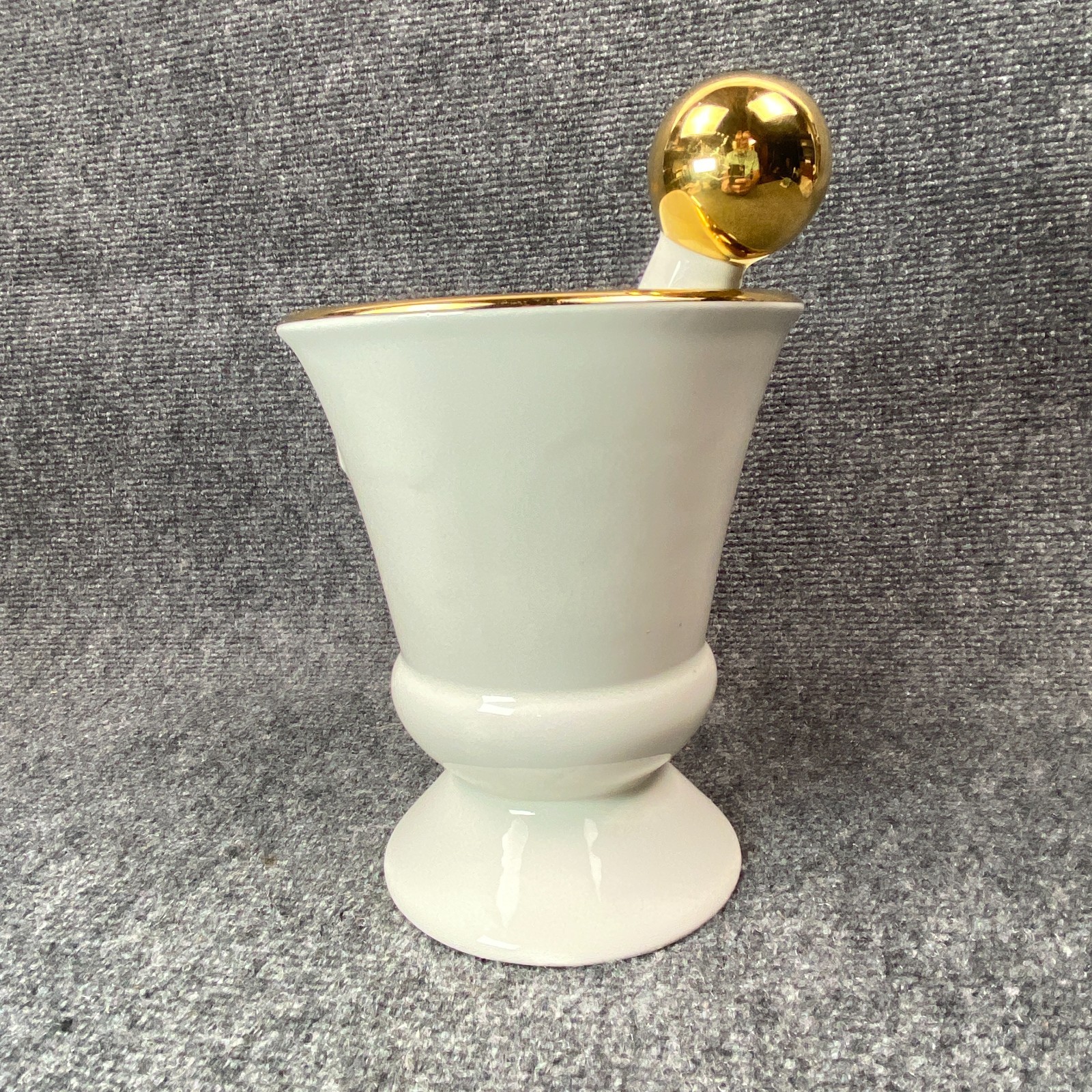 Owens Illinois RX Porcelain Pharmacy Mortar Pestle White Gold Apothecary Vtg