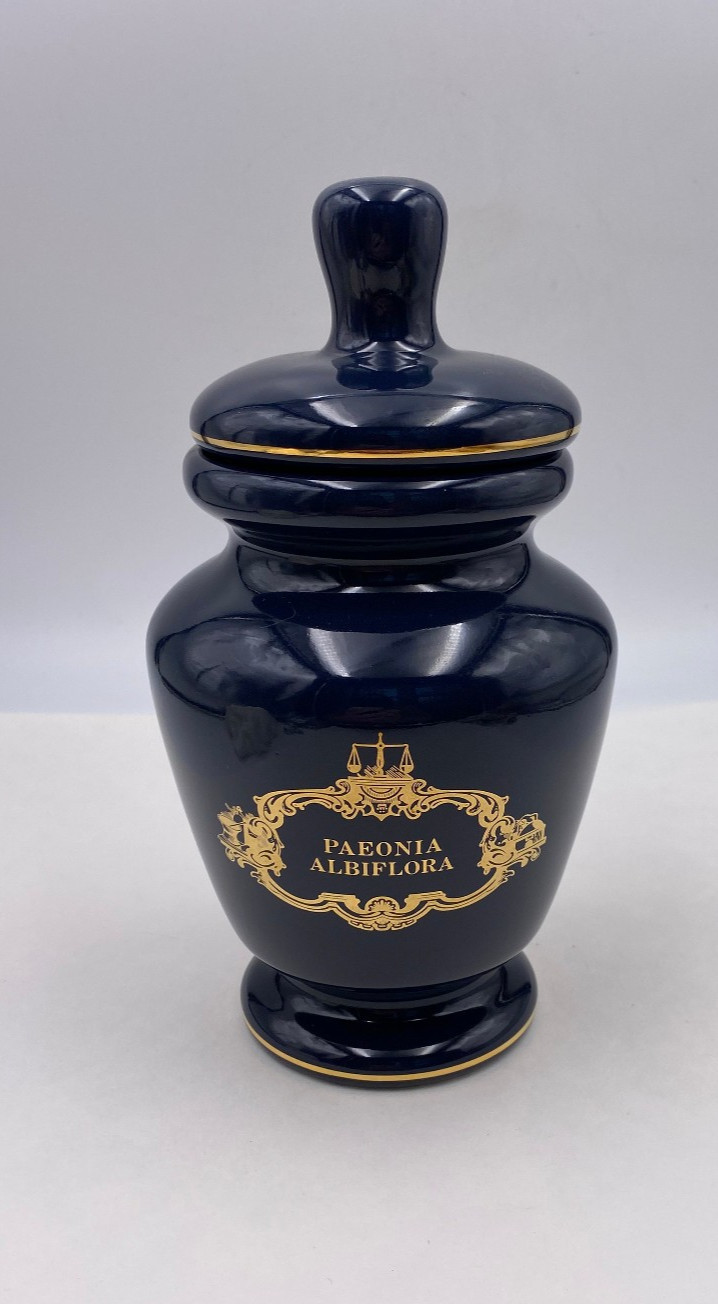 Paeonia Albiflora Apothecary Blue Pharmacy Jar w/ Lid Numbered