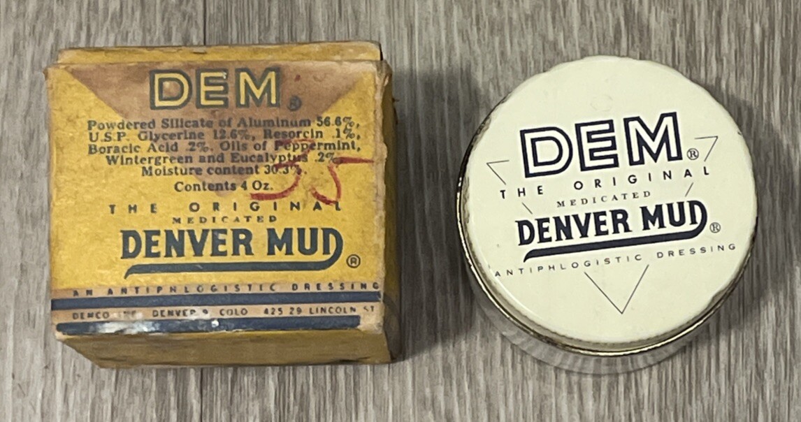 Vintage Antiphlogistine Poultice Dressing DEM Denver Mud 4oz Glass Jar In Box