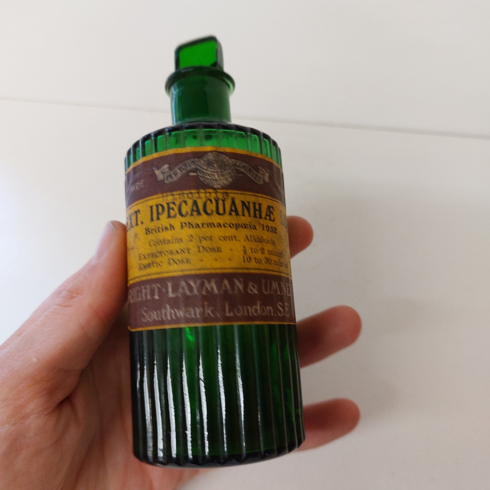 Labeled Wright Layman Umney Ltd London Emetic Ribbed Chemists Apothecary Bottle