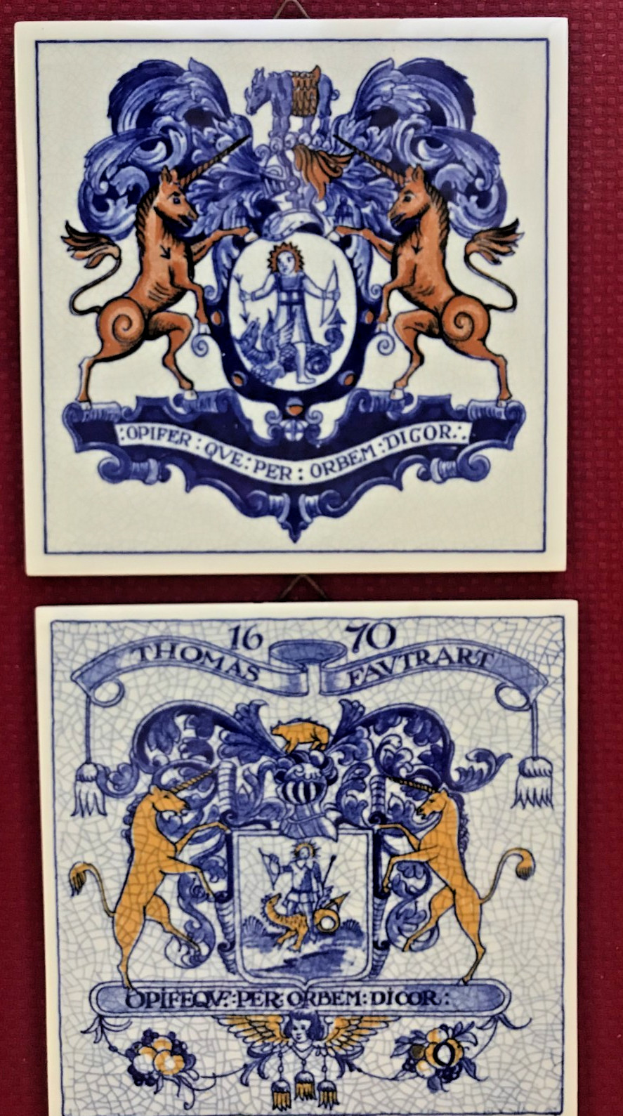 2- BURROUGHS WELLCOME DELFT BLUE PHARMACY PILL TILES, FAVTRART, UNICORNS, 6 X 6