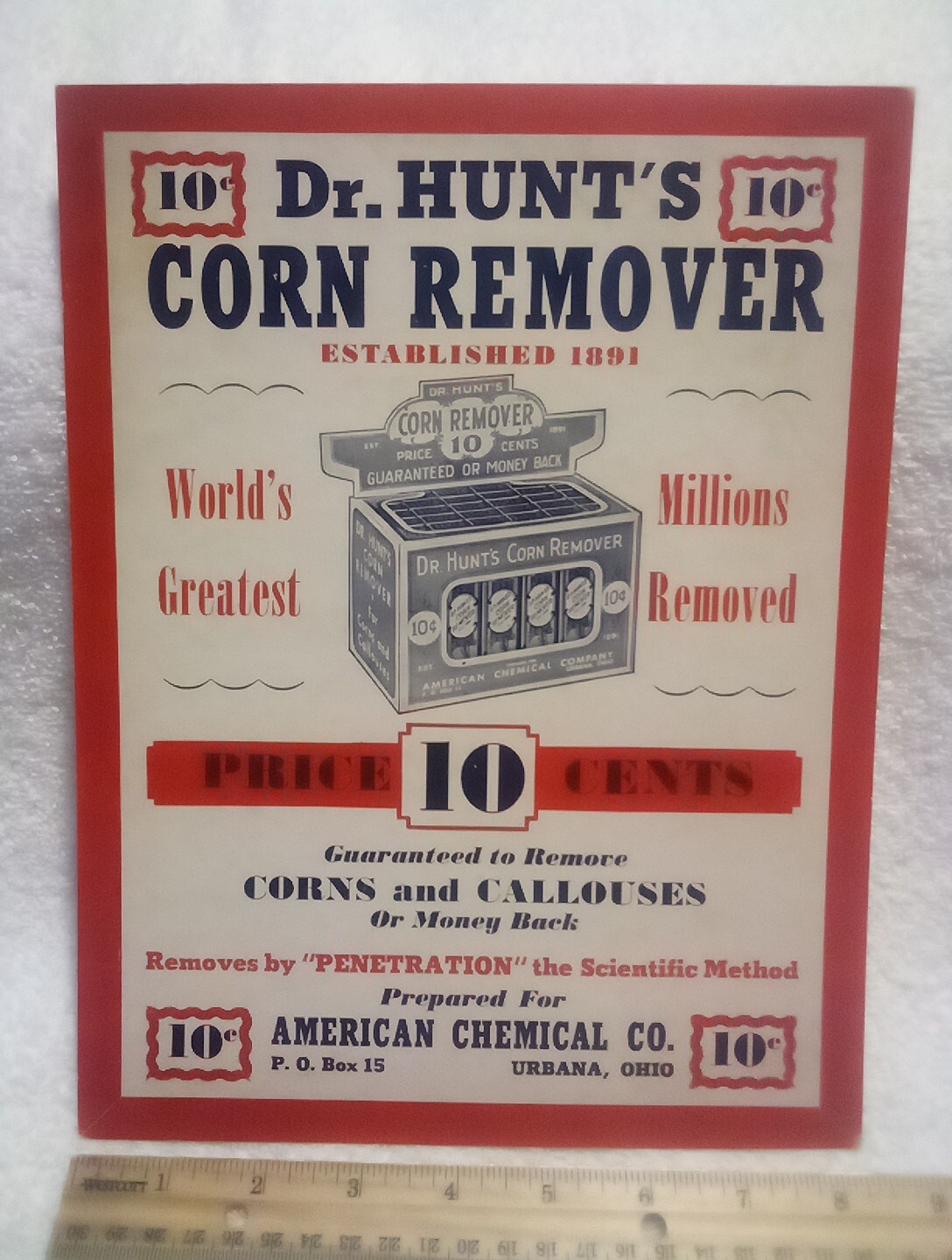 Dr. Hunt’s Corn Remover Vtg Adv Display Poster American Chemical Co. Urbana Ohio