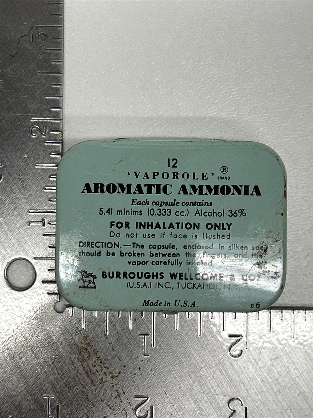 Vintage BURROUGHS WELLCOME & CO Vaporole Aromatic Ammonia Tin Can With Paper