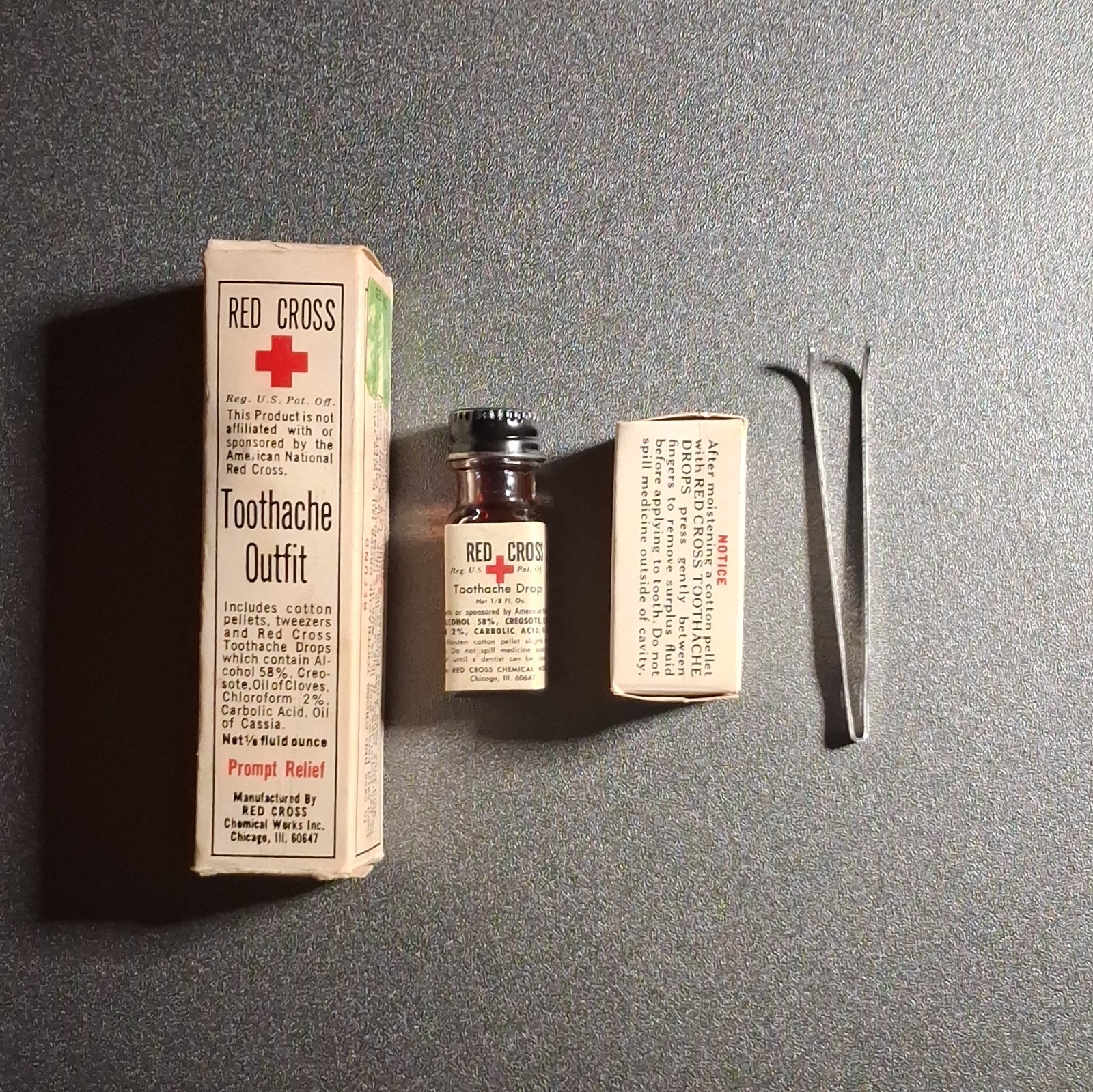 Red Cross Toothache Outfit Toothache Drops Kit w/ Bottle, Box & Tweezers