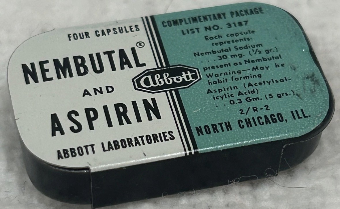 Abbott Labs NEMBUTAL and Aspirin VTG EMPTY Sample Tin Rare Yellowjackets Pharma