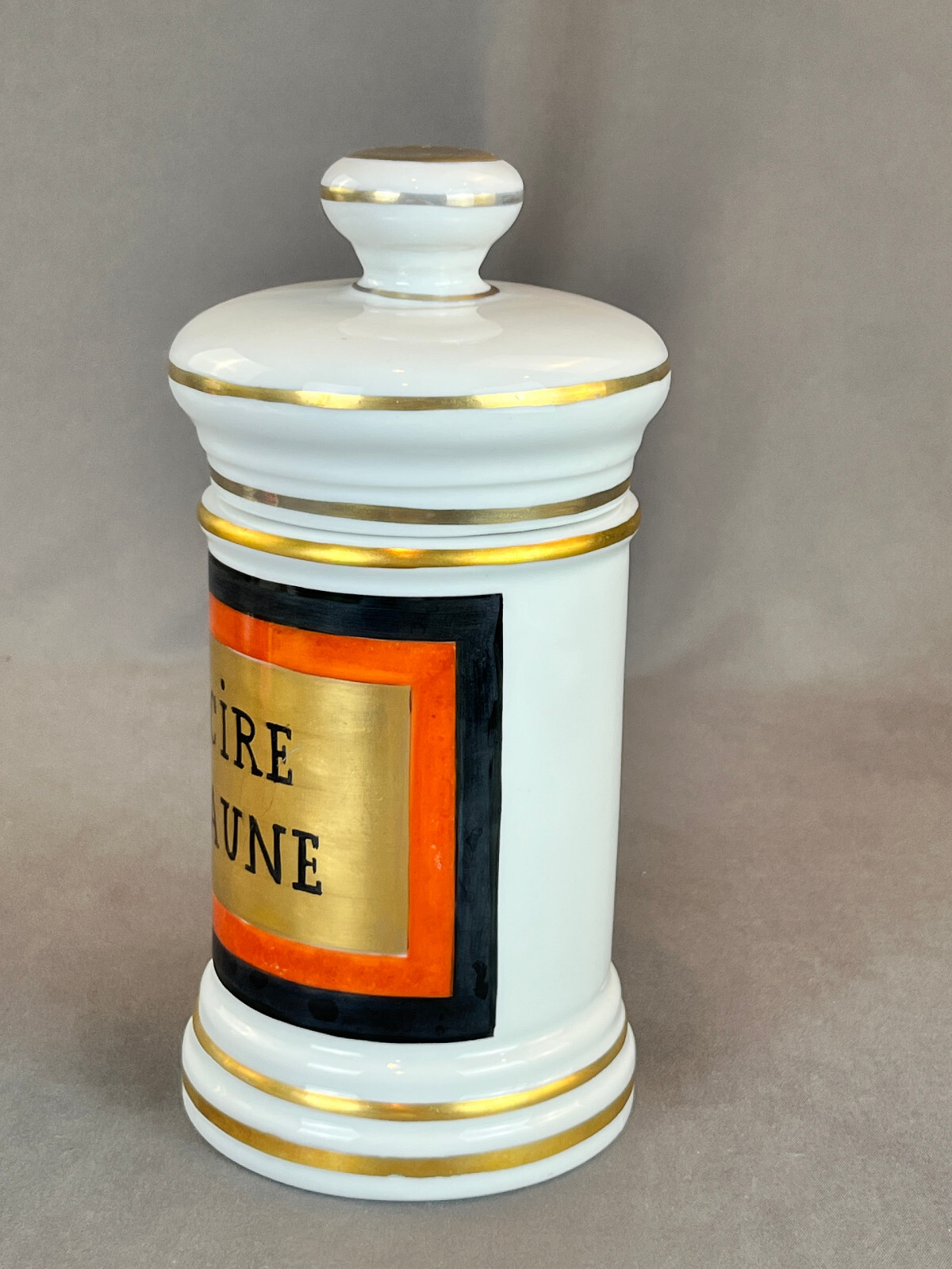 Vintage French Porcelain 7 ½” CIRE JAUNE (Yellow Wax) Apothecary Jar by D.T.