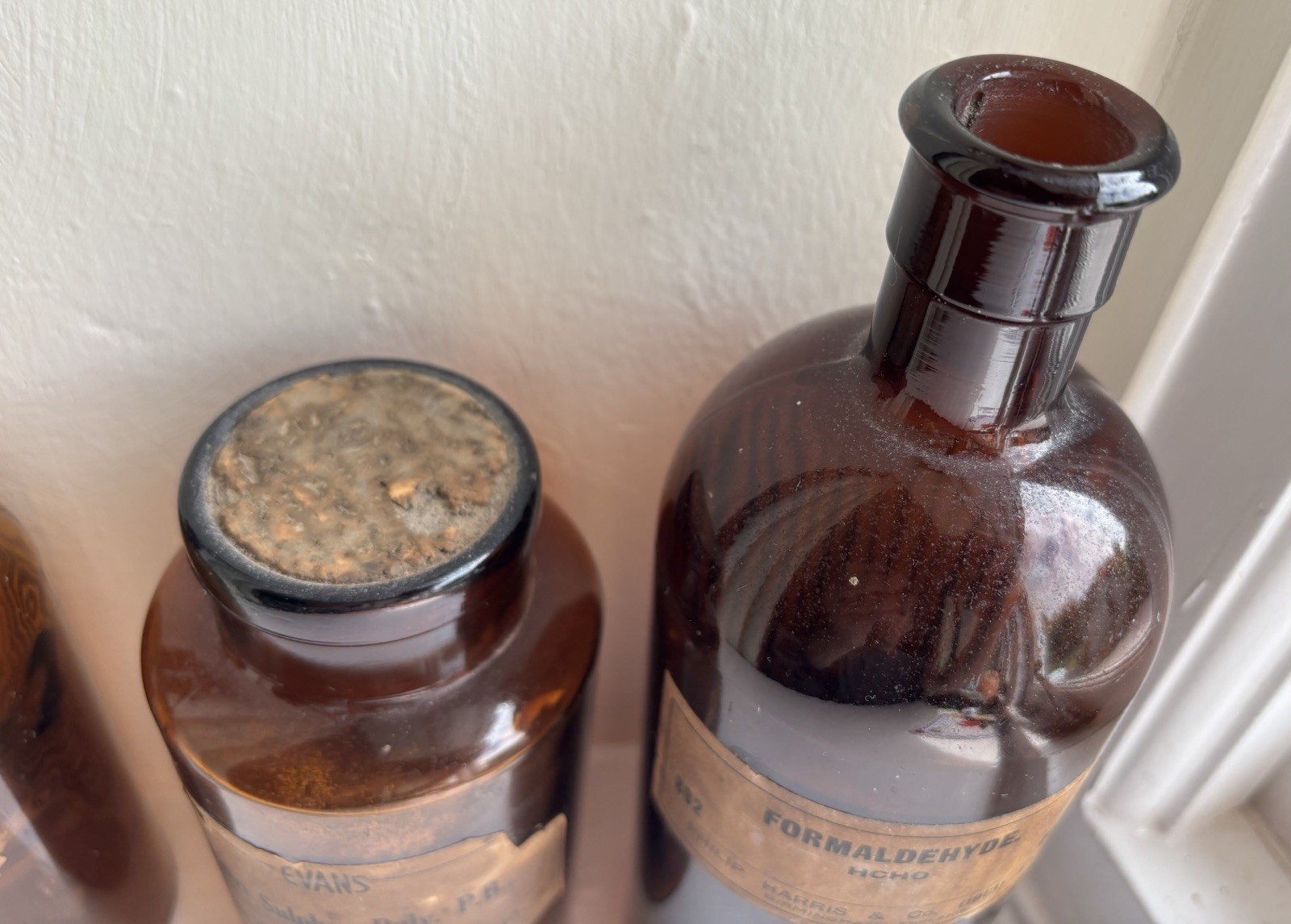 Three Antique Amber Glass Apothecary Medicine Bottles + Labels, Stopper & Cork