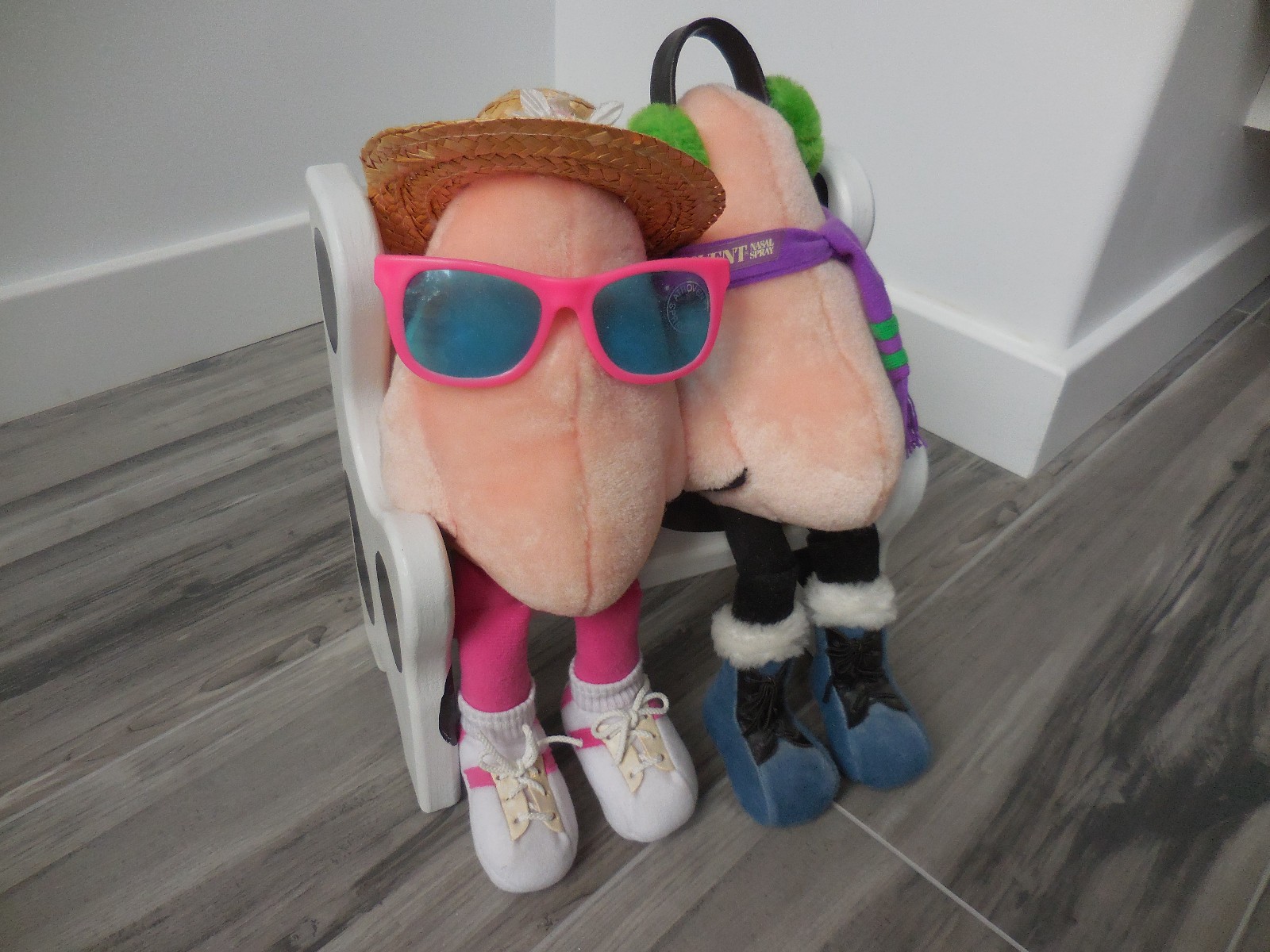 Atrovent Nasal Spray Plush Advertising Promo Giant Noses on Bench Earmuffs Scarf