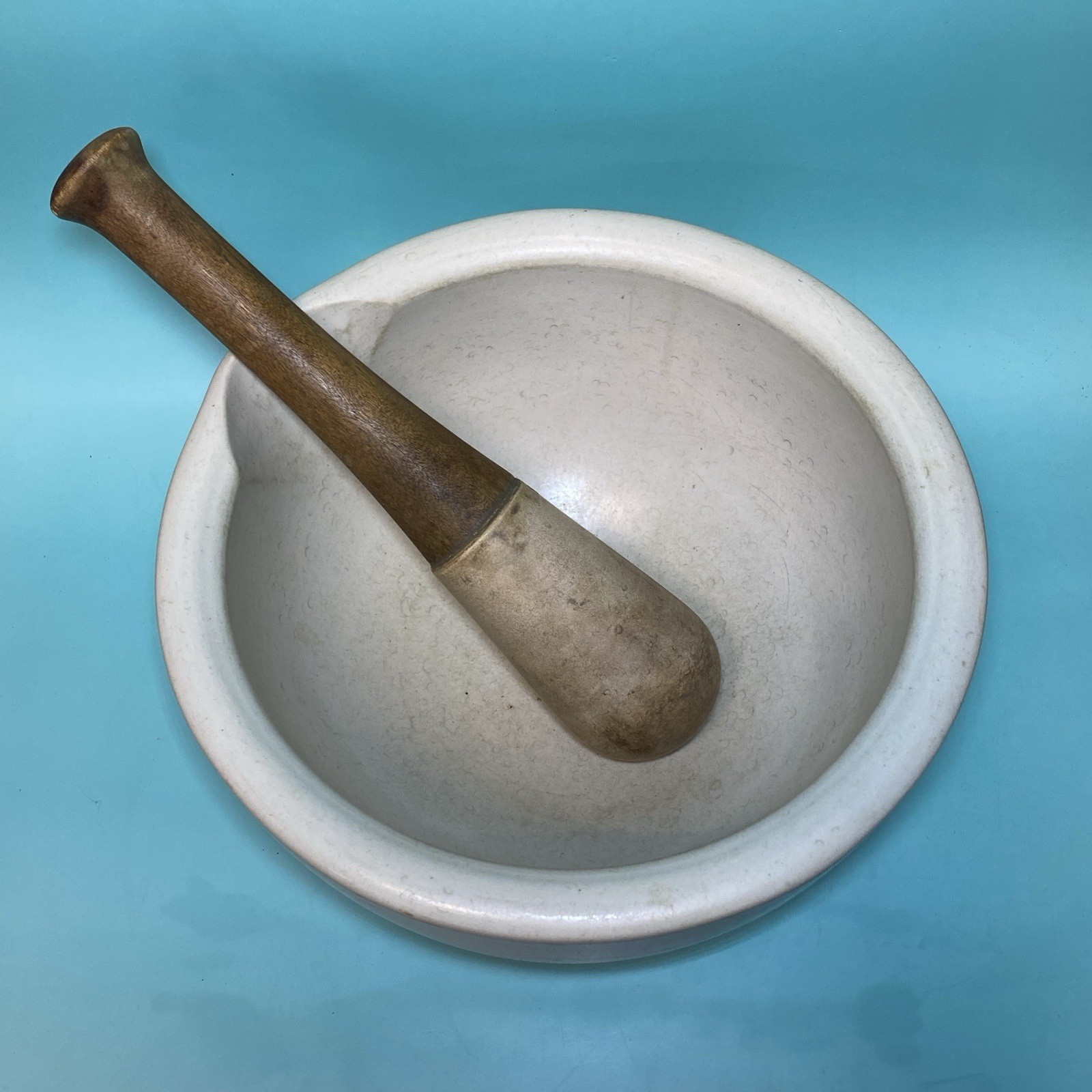 Vintage MORTAR & PESTLE Ceramic & Wood Pharmacy Apothecary HUGE 10” WH3