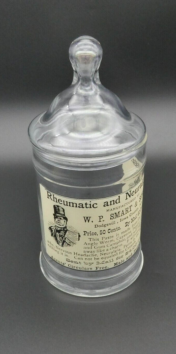 Vintage W.P. SMART & SONS Paste Medicine Glass Apothecary Jar Circus Tent Lid 8″