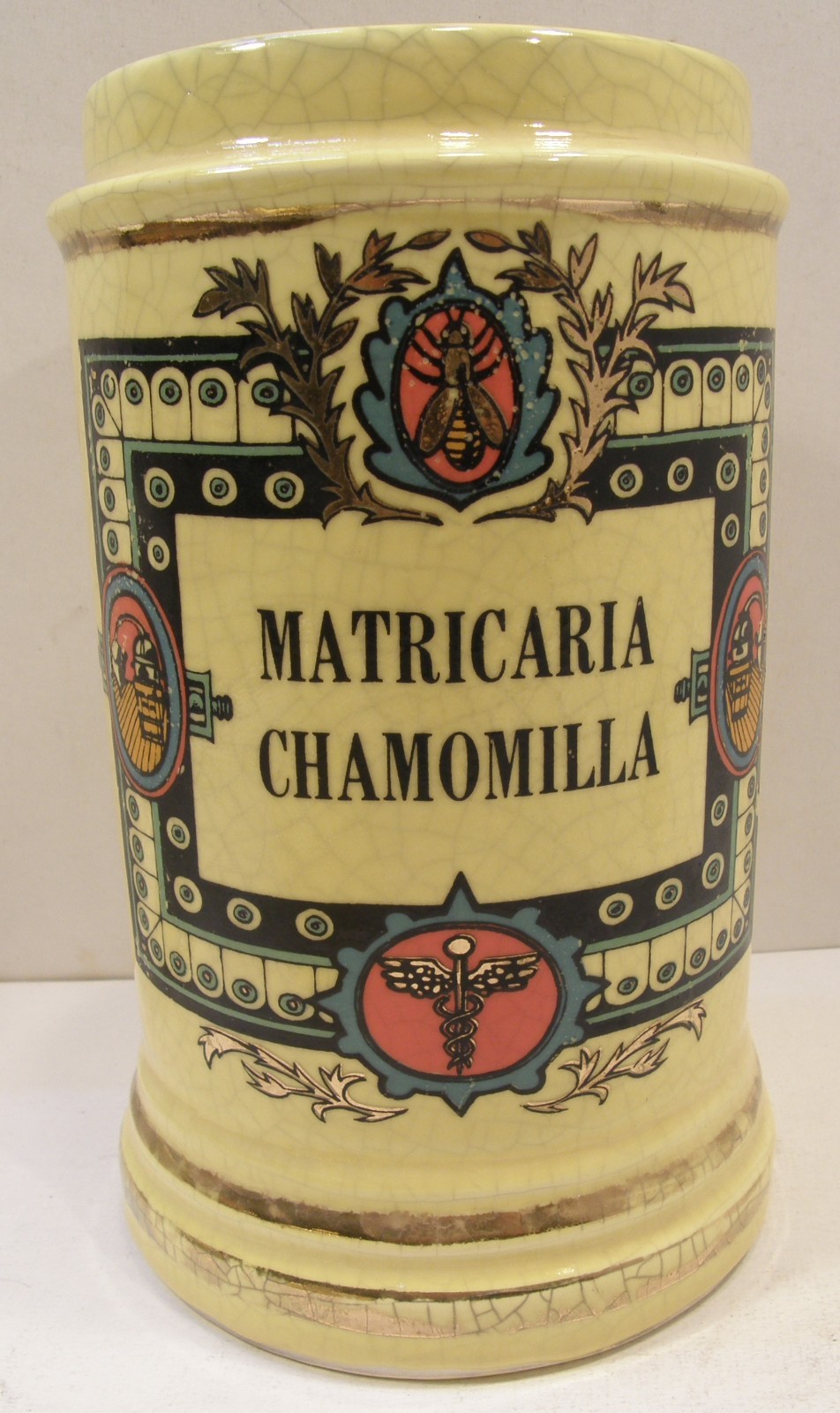 VINTAGE CERAMIC POTTERY APOTHECARY JAR W/LID MATRICARIA CHAMOMILLA PHARMACY