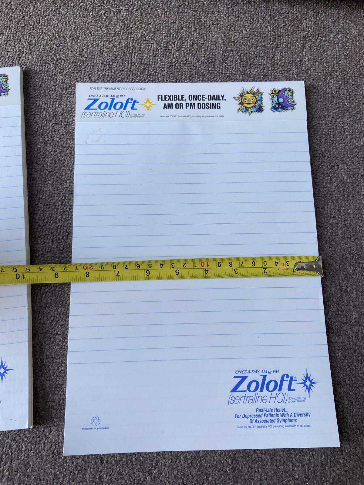 Zoloft 2 Full Size Note Pad Pharmaceutical Drug Rep Collectible Promo Unique 🌞