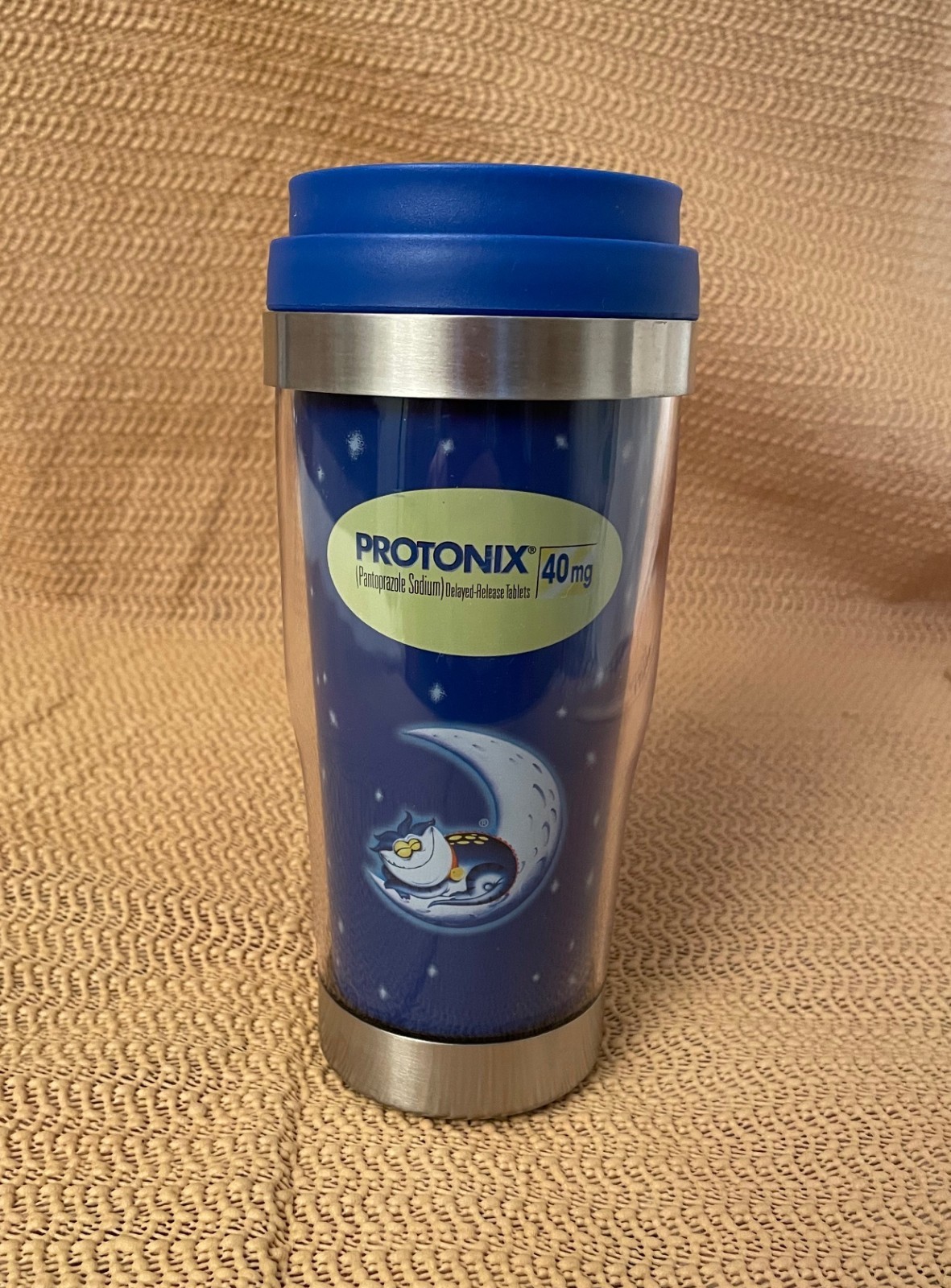 Pharma Drug Rep Protonix Blue/Clear Stainless Steel Hot/Cold Travel Mug, New