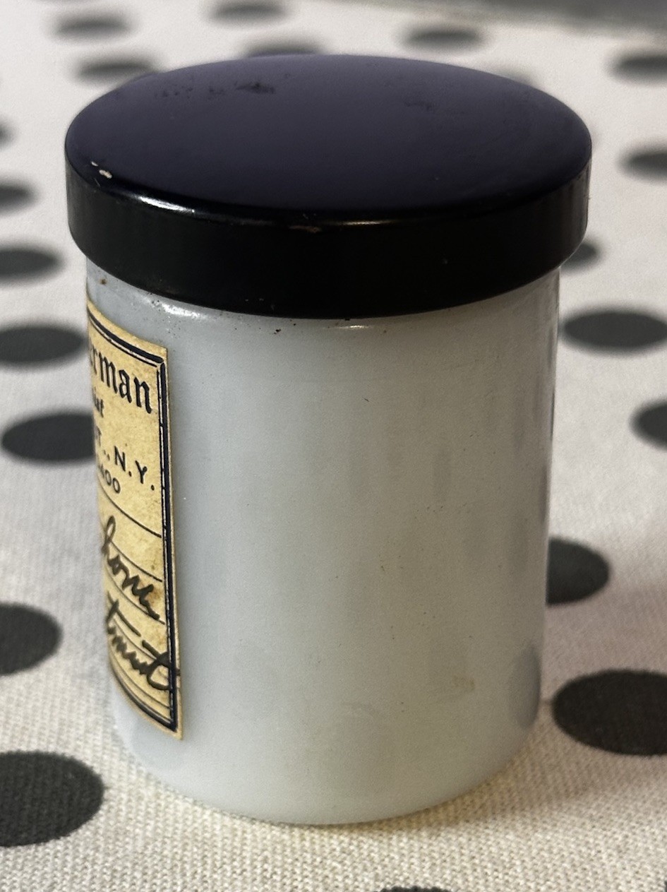 Vintage Apothecary Milk glass Jar w/ Product NYC Pharmacist RARE Display Collect