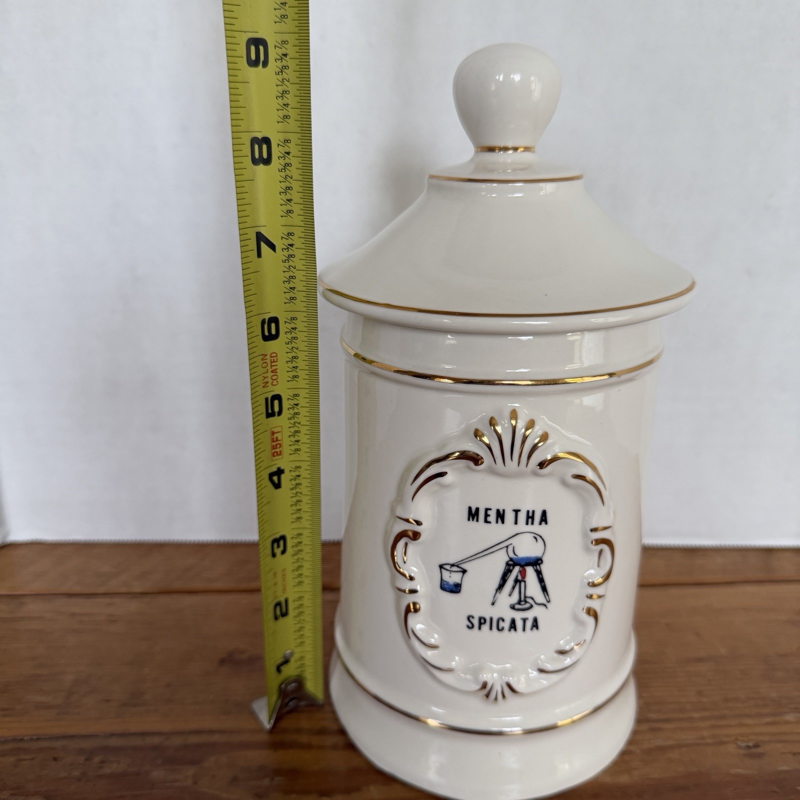 Vintage Ceramic Apothecary Jar Mentha Spicata (Spearmint) 9” Tall With Lid