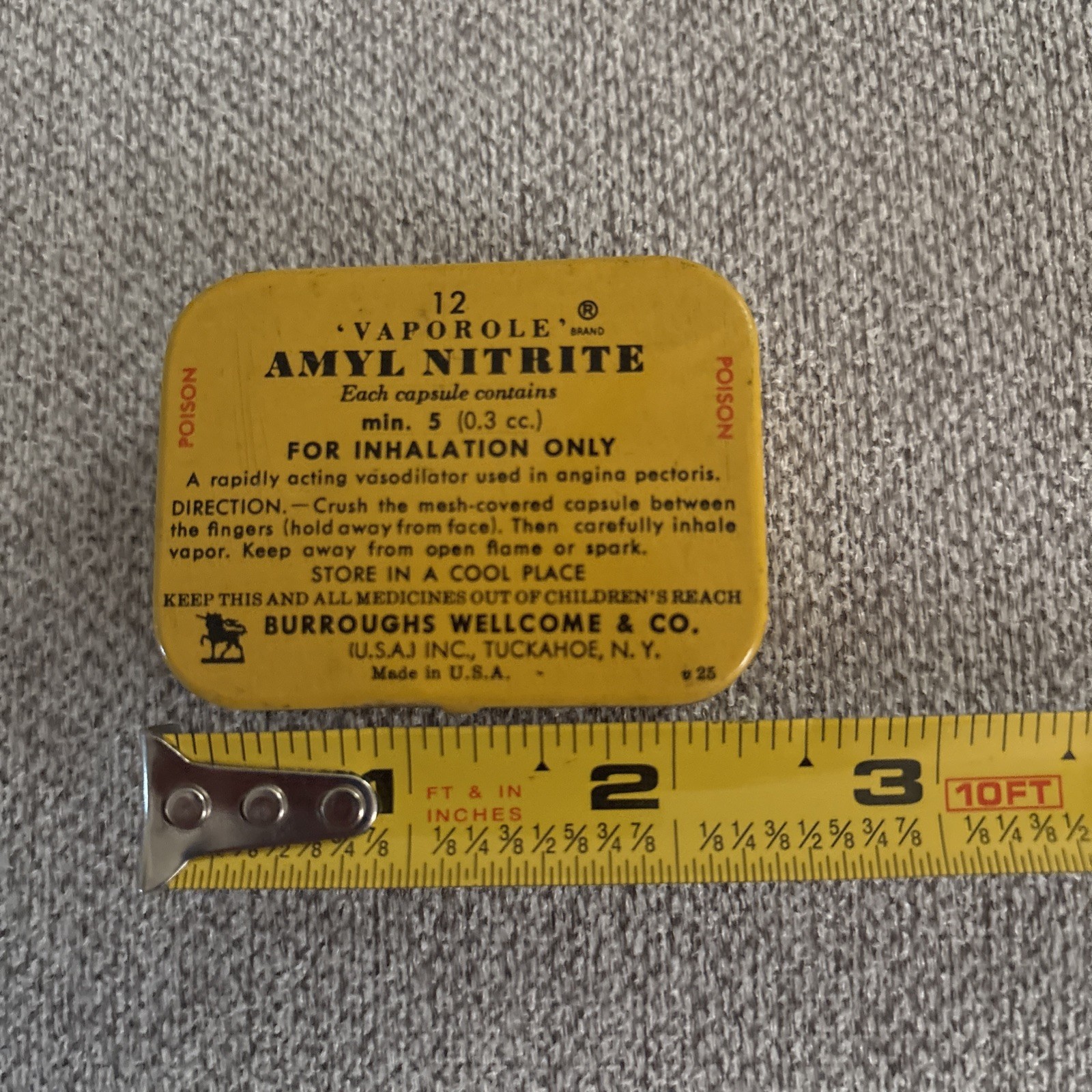 Vintage Yellow Tin Amyl Nitrite Box Medicine Burroughs Wellcome