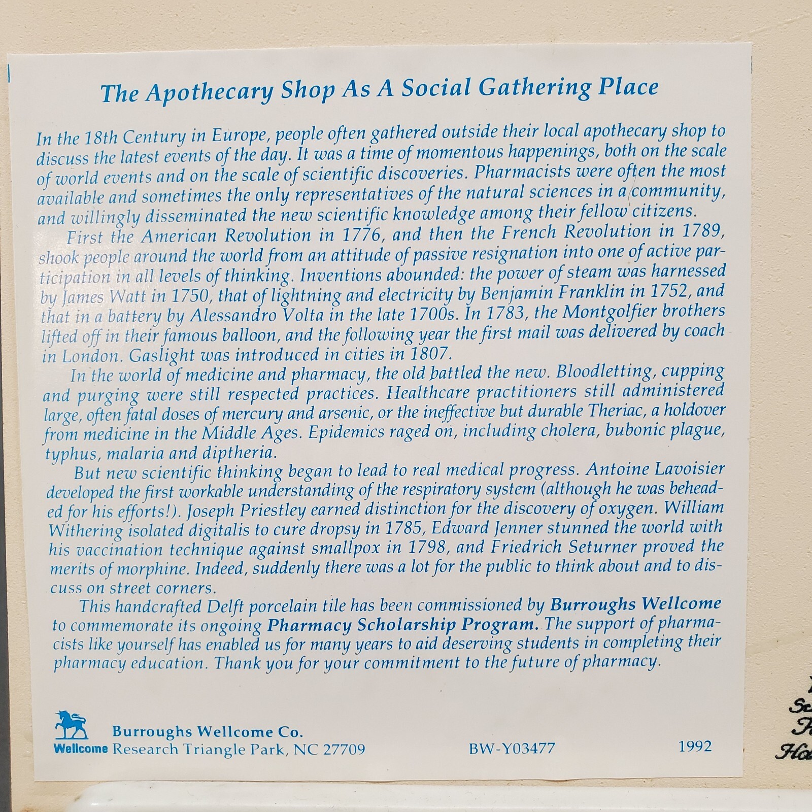 Burroughs Wellcome Co. Pharmacy Program Commemorative Porcelain Tile Holland