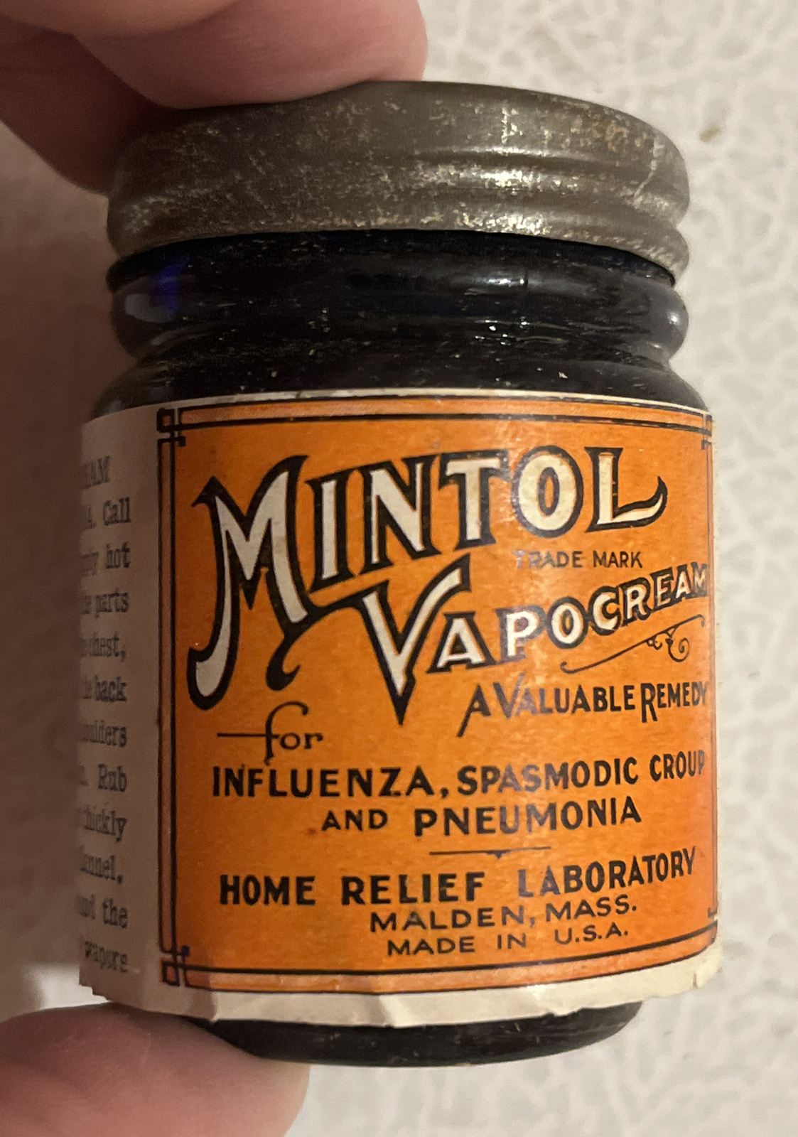 Vintage 1930s Mintol Vapor Medicine Cream Jar NOS Full Box Malden Ma
