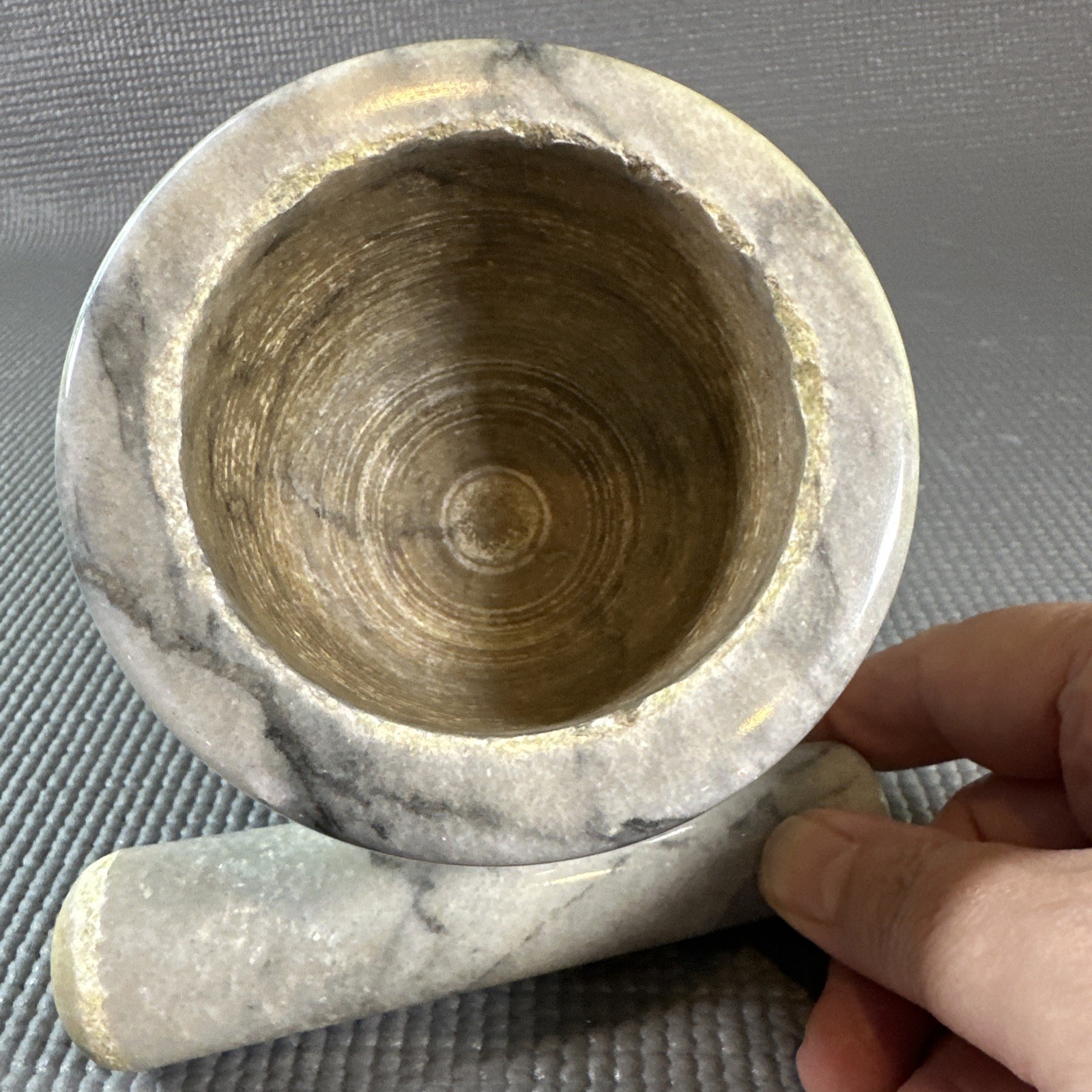 VINTAGE MORTAR IN MARBLE STONE & PESTLE TO COOK OR APOTHECARY GRINDING TOOL