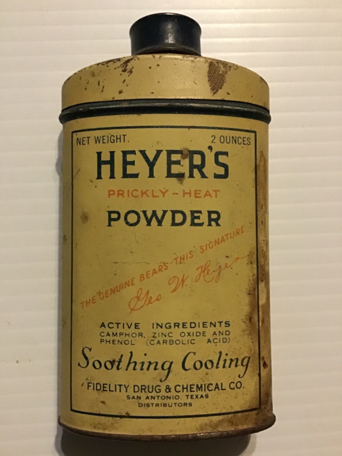 Vintage Heyer’s Prickly-Heat Powder Tin, 2 oz. empty, 4 1/2” tall $7 Shipping