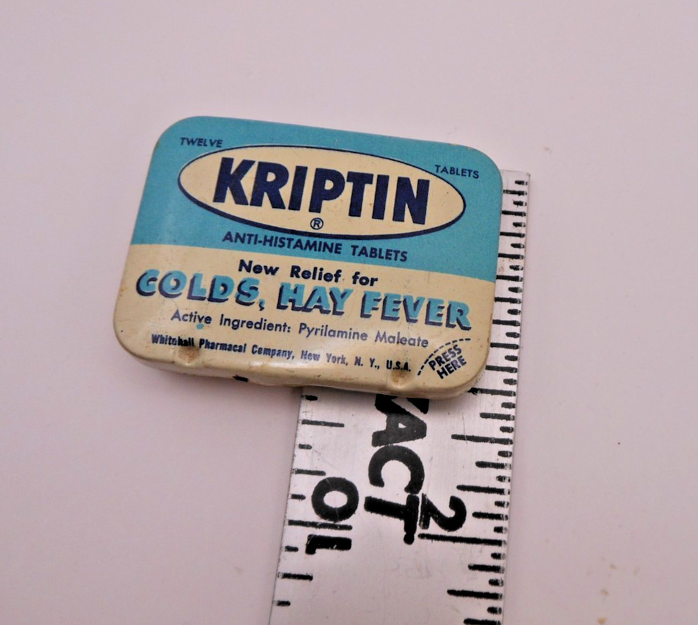 Vintage Kriptin Anti-Histamine Tablets Sm Metal Tin Whitehall Pharmaceutical NY