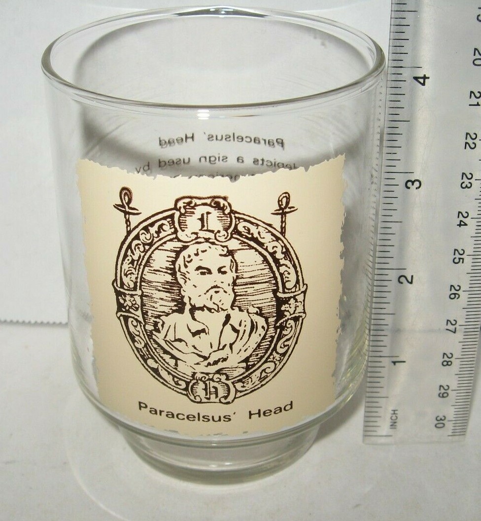 Rare vtg Paracelsus’ Head 4″ Glass Tumbler early American Pharmacy sign art